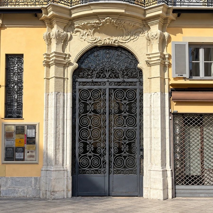 L’entrée du 5 rue de la Préfecture à Nice : la grande grille en fer forgé sous le balcon